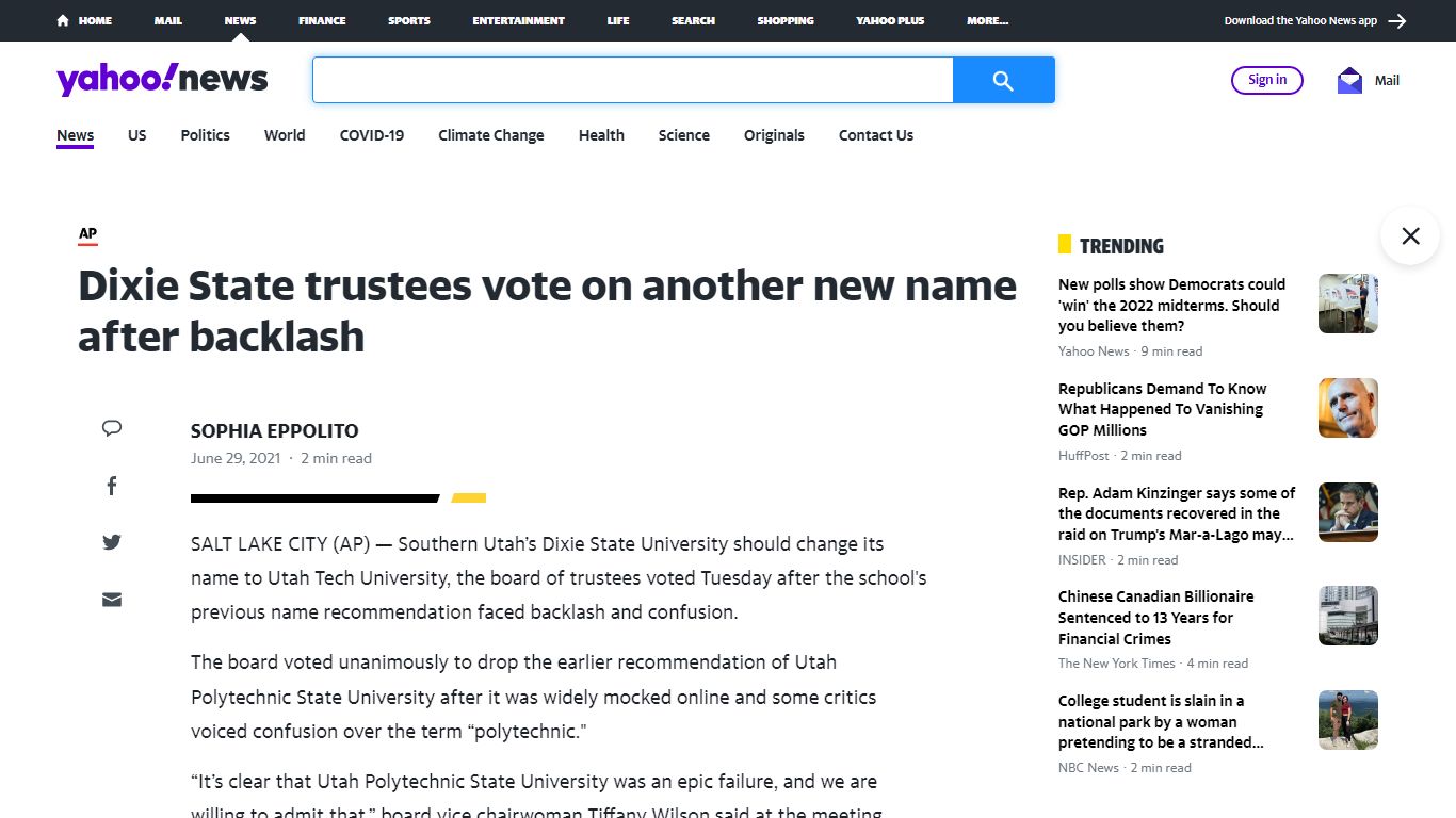 Dixie State trustees vote on another new name after backlash - Yahoo! News